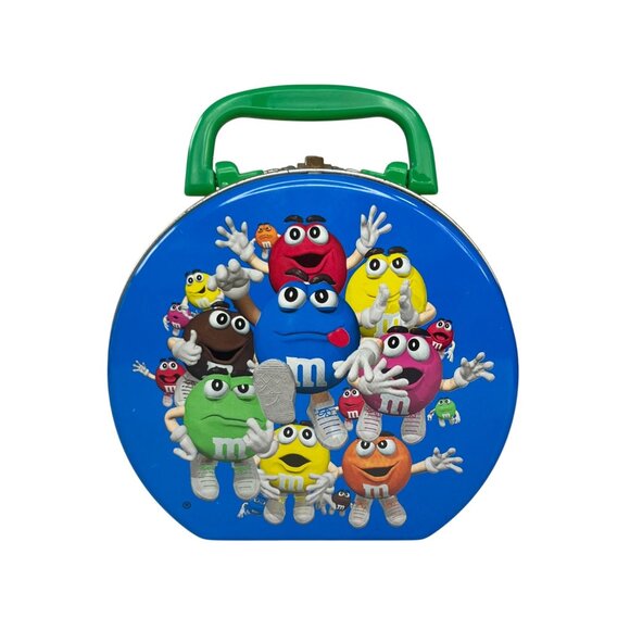 Vintage 1999 M&Ms Round Metal Lunchbox Tin Handle Blue Red - Picture 1 of 10